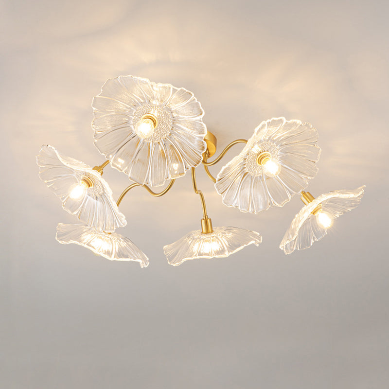 Lustre Plafonnier Semi-Encastré Traditionnel Français en Cuivre avec Verre Rond et Branches de Trompette 3/5/6 Lumières pour Salon 