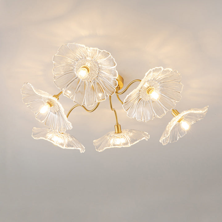 Lustre Plafonnier Semi-Encastré Traditionnel Français en Cuivre avec Verre Rond et Branches de Trompette 3/5/6 Lumières pour Salon 