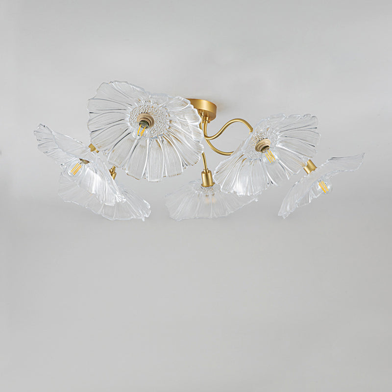 Lustre Plafonnier Semi-Encastré Traditionnel Français en Cuivre avec Verre Rond et Branches de Trompette 3/5/6 Lumières pour Salon 