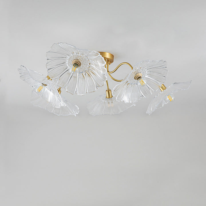 Lustre Plafonnier Semi-Encastré Traditionnel Français en Cuivre avec Verre Rond et Branches de Trompette 3/5/6 Lumières pour Salon 
