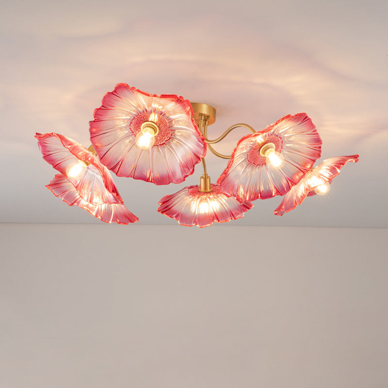 Lustre Plafonnier Semi-Encastré Traditionnel Français en Cuivre avec Verre Rond et Branches de Trompette 3/5/6 Lumières pour Salon 