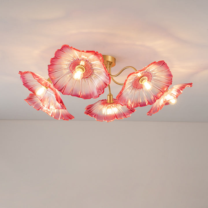Lustre Plafonnier Semi-Encastré Traditionnel Français en Cuivre avec Verre Rond et Branches de Trompette 3/5/6 Lumières pour Salon 