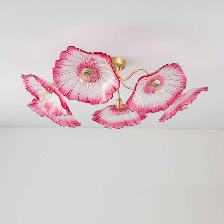 Lustre Plafonnier Semi-Encastré Traditionnel Français en Cuivre avec Verre Rond et Branches de Trompette 3/5/6 Lumières pour Salon 