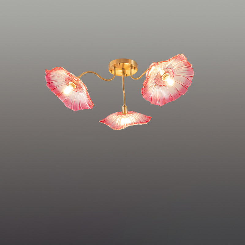 Lustre Plafonnier Semi-Encastré Traditionnel Français en Cuivre avec Verre Rond et Branches de Trompette 3/5/6 Lumières pour Salon 