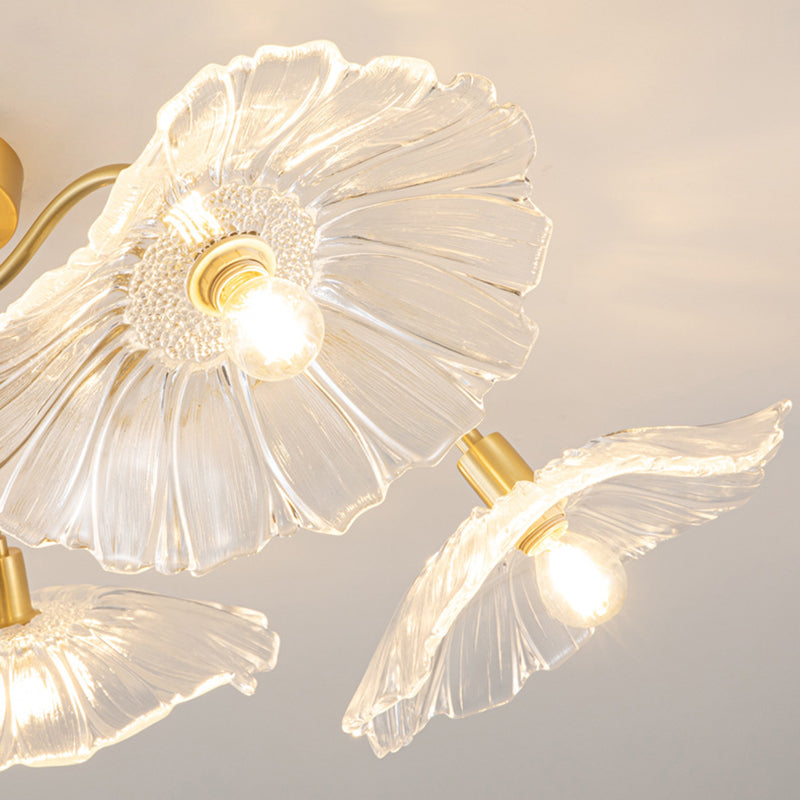 Lustre Plafonnier Semi-Encastré Traditionnel Français en Cuivre avec Verre Rond et Branches de Trompette 3/5/6 Lumières pour Salon 