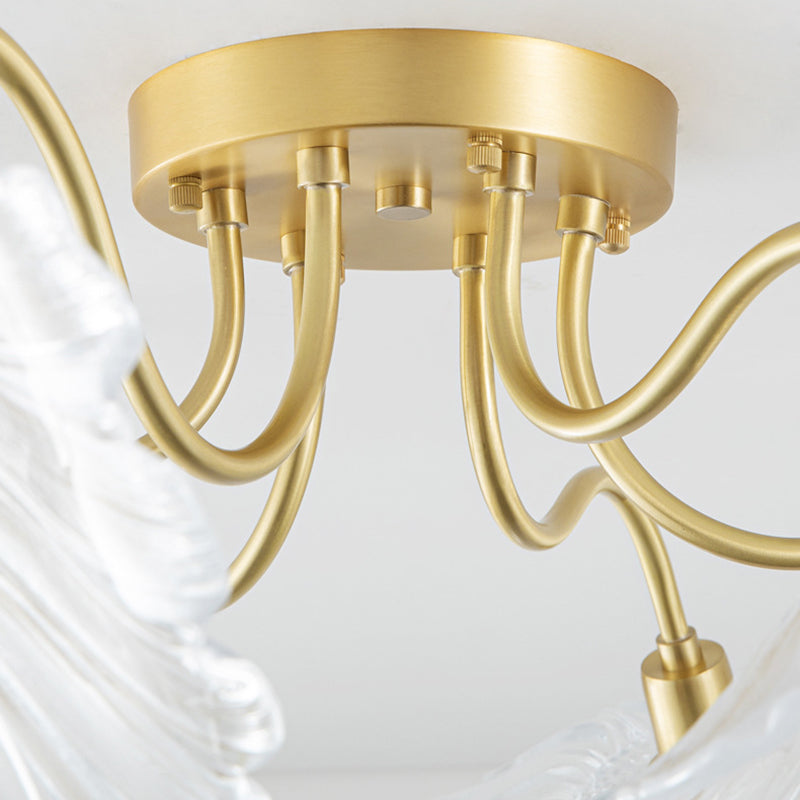 Lustre Plafonnier Semi-Encastré Traditionnel Français en Cuivre avec Verre Rond et Branches de Trompette 3/5/6 Lumières pour Salon 