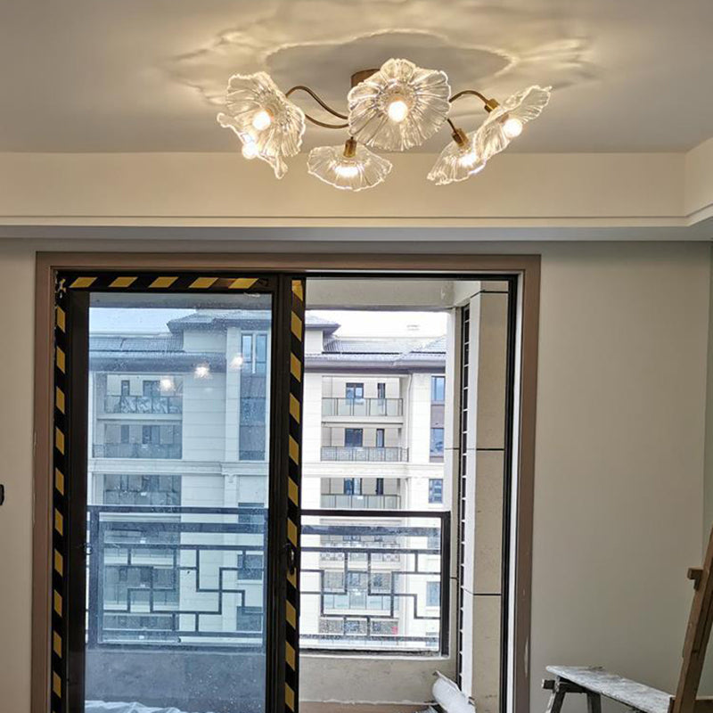 Lustre Plafonnier Semi-Encastré Traditionnel Français en Cuivre avec Verre Rond et Branches de Trompette 3/5/6 Lumières pour Salon 