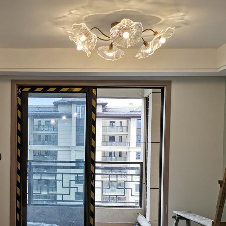 Lustre Plafonnier Semi-Encastré Traditionnel Français en Cuivre avec Verre Rond et Branches de Trompette 3/5/6 Lumières pour Salon 