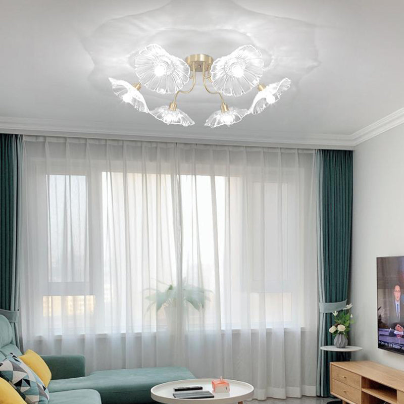 Lustre Plafonnier Semi-Encastré Traditionnel Français en Cuivre avec Verre Rond et Branches de Trompette 3/5/6 Lumières pour Salon 