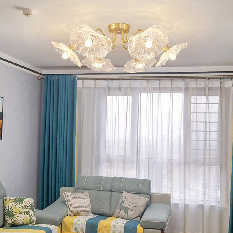 Lustre Plafonnier Semi-Encastré Traditionnel Français en Cuivre avec Verre Rond et Branches de Trompette 3/5/6 Lumières pour Salon 