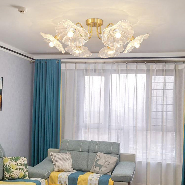 Lustre Plafonnier Semi-Encastré Traditionnel Français en Cuivre avec Verre Rond et Branches de Trompette 3/5/6 Lumières pour Salon 