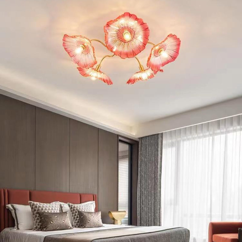 Lustre Plafonnier Semi-Encastré Traditionnel Français en Cuivre avec Verre Rond et Branches de Trompette 3/5/6 Lumières pour Salon 