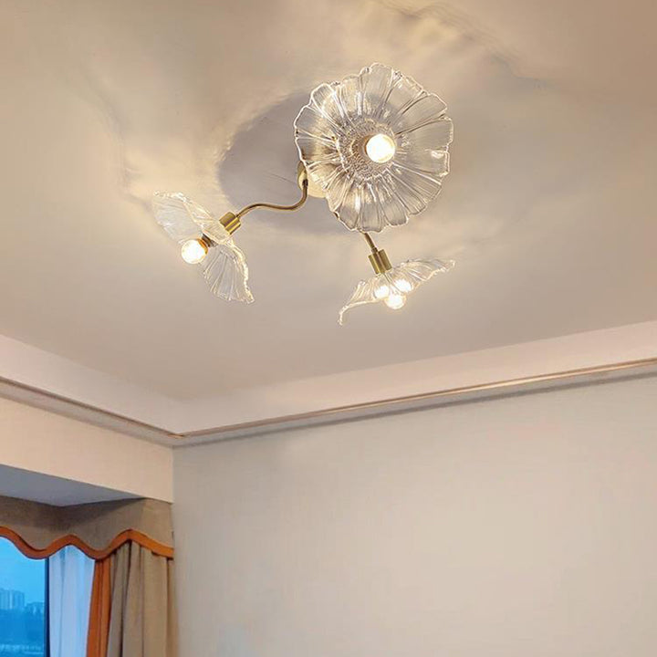 Lustre Plafonnier Semi-Encastré Traditionnel Français en Cuivre avec Verre Rond et Branches de Trompette 3/5/6 Lumières pour Salon 