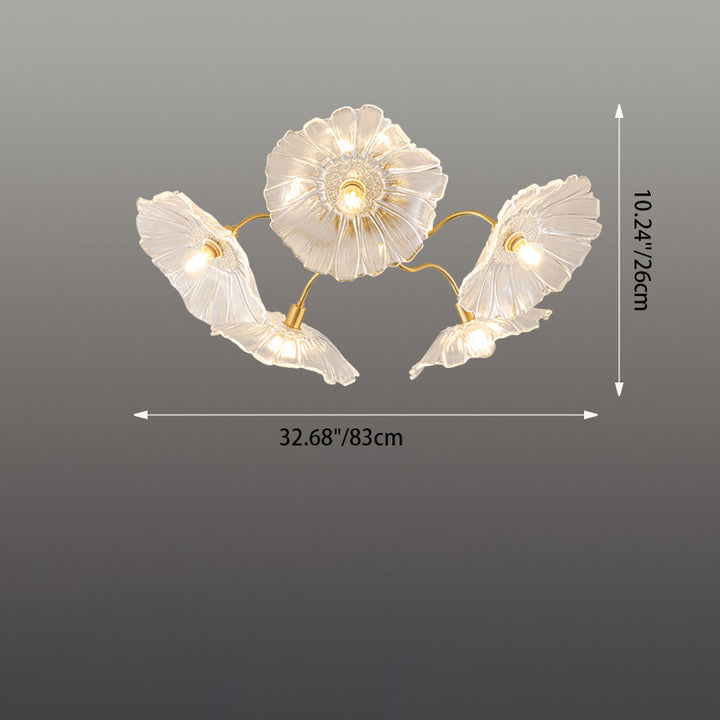 Lustre Plafonnier Semi-Encastré Traditionnel Français en Cuivre avec Verre Rond et Branches de Trompette 3/5/6 Lumières pour Salon 