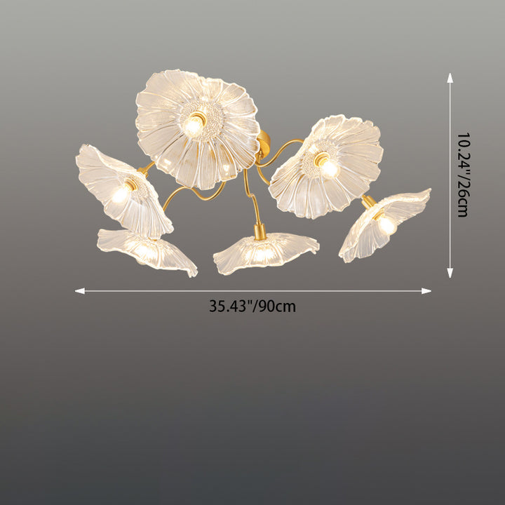 Lustre Plafonnier Semi-Encastré Traditionnel Français en Cuivre avec Verre Rond et Branches de Trompette 3/5/6 Lumières pour Salon 