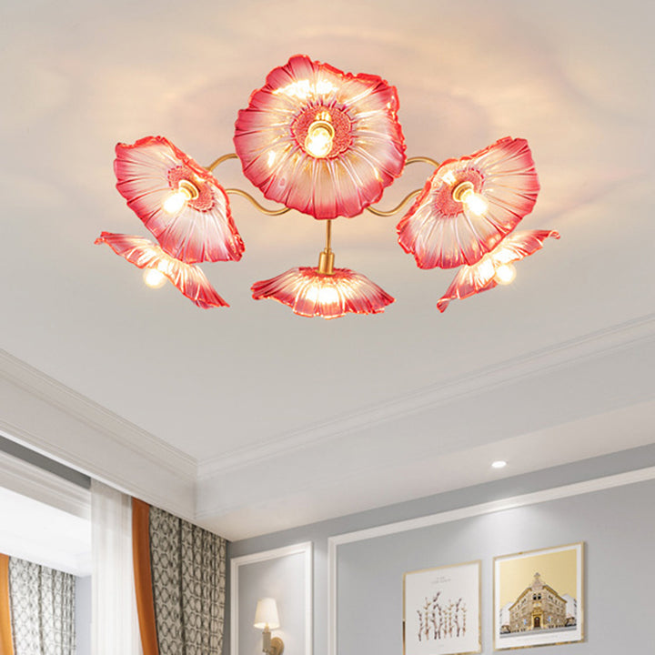 Lustre Plafonnier Semi-Encastré Traditionnel Français en Cuivre avec Verre Rond et Branches de Trompette 3/5/6 Lumières pour Salon 