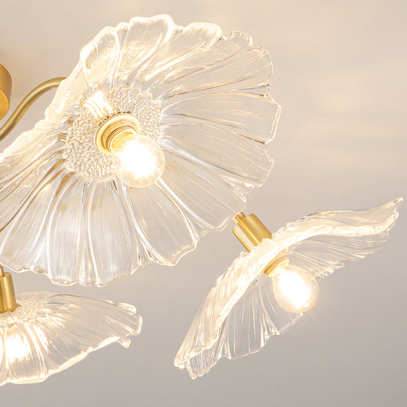 Lustre Plafonnier Semi-Encastré Traditionnel Français en Cuivre avec Verre Rond et Branches de Trompette 3/5/6 Lumières pour Salon 