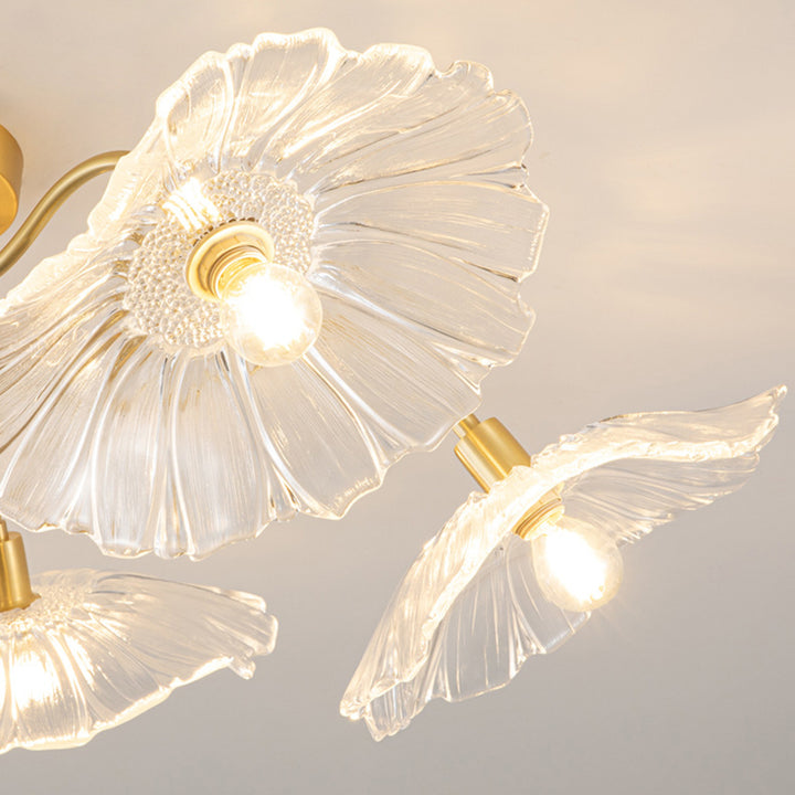 Lustre Plafonnier Semi-Encastré Traditionnel Français en Cuivre avec Verre Rond et Branches de Trompette 3/5/6 Lumières pour Salon 