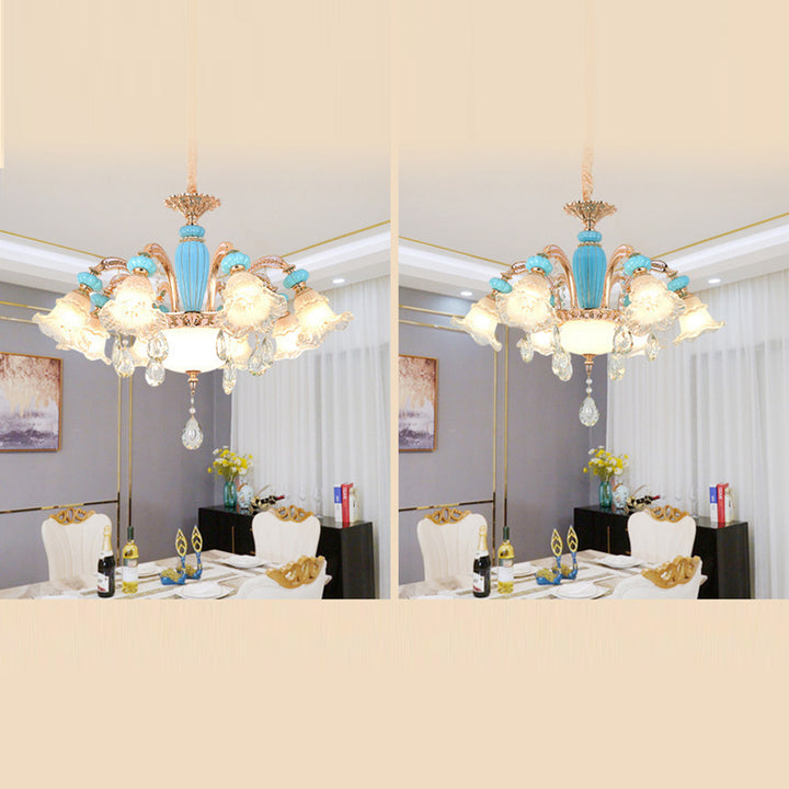 Traditioneller französischer Ast Rundblume Glas Keramik Zink 6/8/10/12 Licht Kronleuchter für Wohnzimmer 