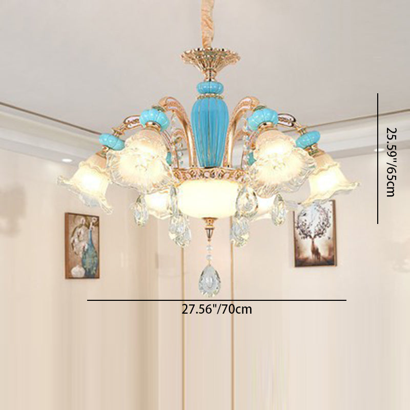 Traditional French Branch Round Flower Glass Ceramic Zinc 6/8/10/12 Light Chandelier For Living Room