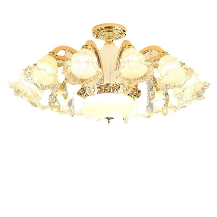 Traditioneller französischer Cremeblumen-Rundsäulen-Glas-Kristall-Zinklegierung 6/8/10/12/15 Licht Kronleuchter für Wohnzimmer 
