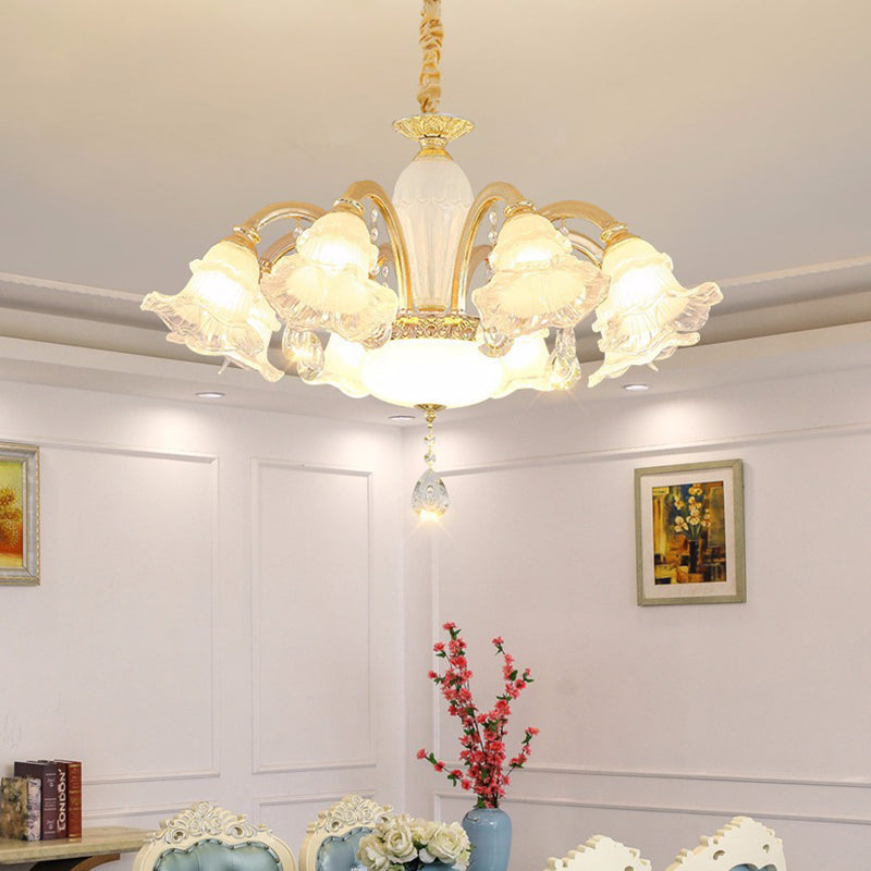 Traditioneller französischer Cremeblumen-Rundsäulen-Glas-Kristall-Zinklegierung 6/8/10/12/15 Licht Kronleuchter für Wohnzimmer 