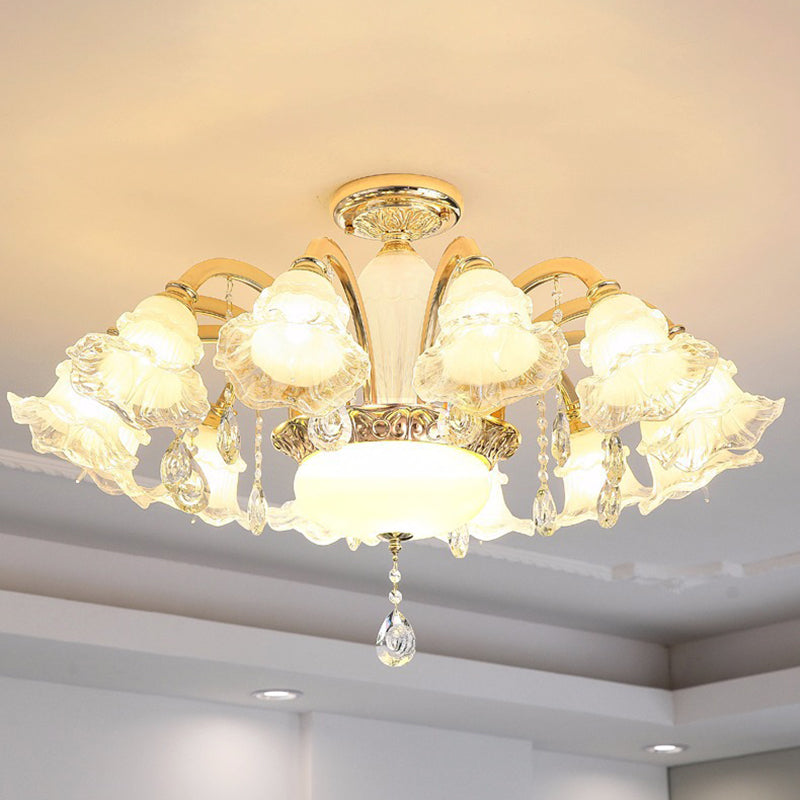Traditioneller französischer Cremeblumen-Rundsäulen-Glas-Kristall-Zinklegierung 6/8/10/12/15 Licht Kronleuchter für Wohnzimmer 