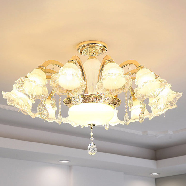 Traditioneller französischer Cremeblumen-Rundsäulen-Glas-Kristall-Zinklegierung 6/8/10/12/15 Licht Kronleuchter für Wohnzimmer 