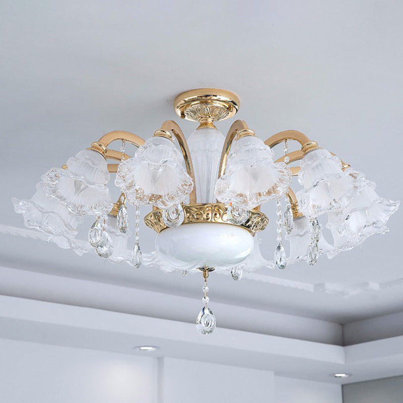 Traditioneller französischer Cremeblumen-Rundsäulen-Glas-Kristall-Zinklegierung 6/8/10/12/15 Licht Kronleuchter für Wohnzimmer 