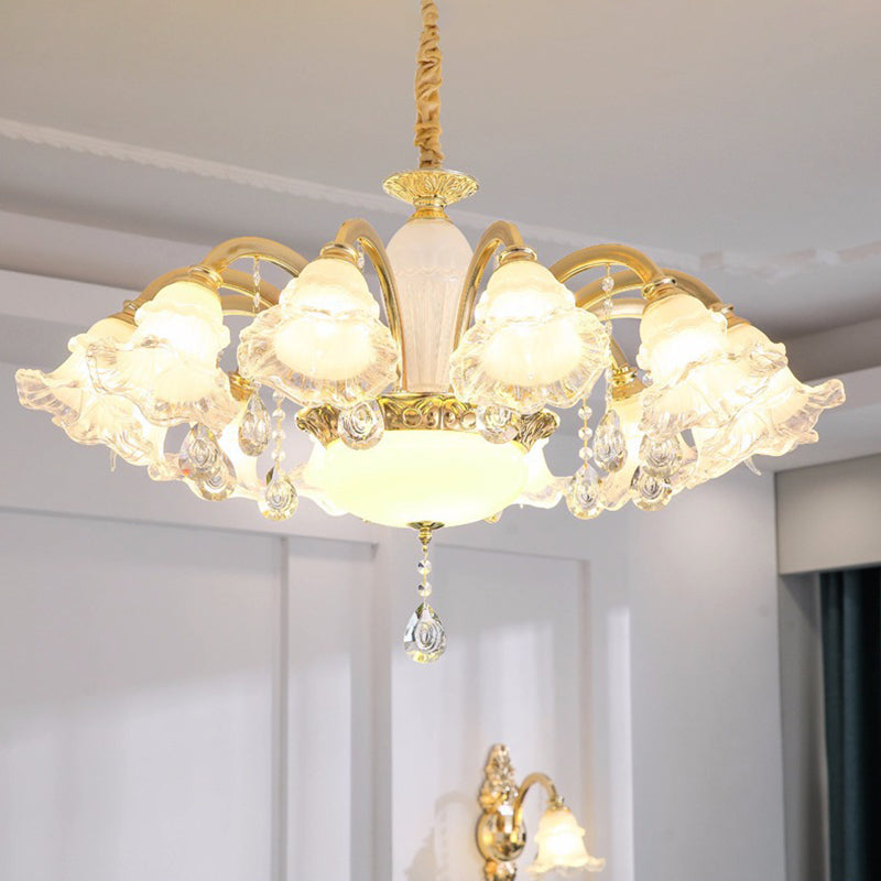 Traditioneller französischer Cremeblumen-Rundsäulen-Glas-Kristall-Zinklegierung 6/8/10/12/15 Licht Kronleuchter für Wohnzimmer 