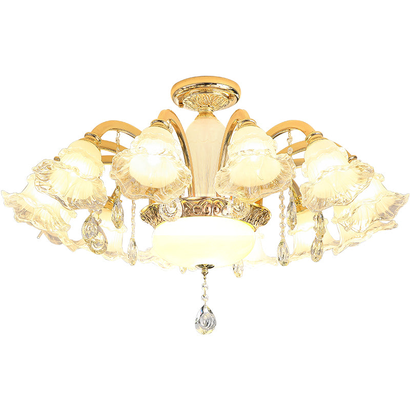 Traditioneller französischer Cremeblumen-Rundsäulen-Glas-Kristall-Zinklegierung 6/8/10/12/15 Licht Kronleuchter für Wohnzimmer 