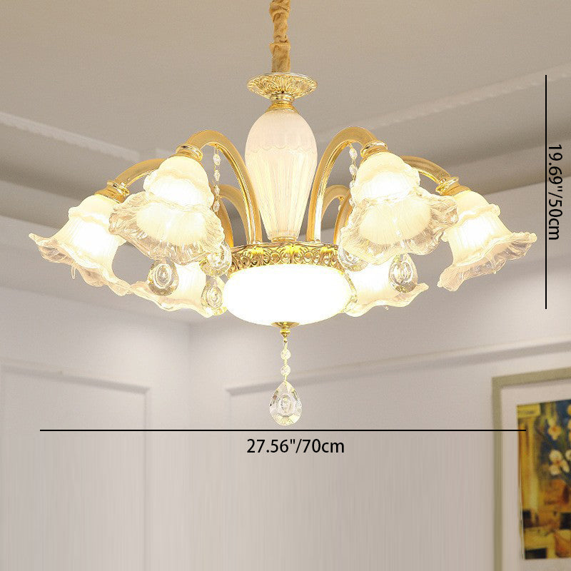 Traditioneller französischer Cremeblumen-Rundsäulen-Glas-Kristall-Zinklegierung 6/8/10/12/15 Licht Kronleuchter für Wohnzimmer 