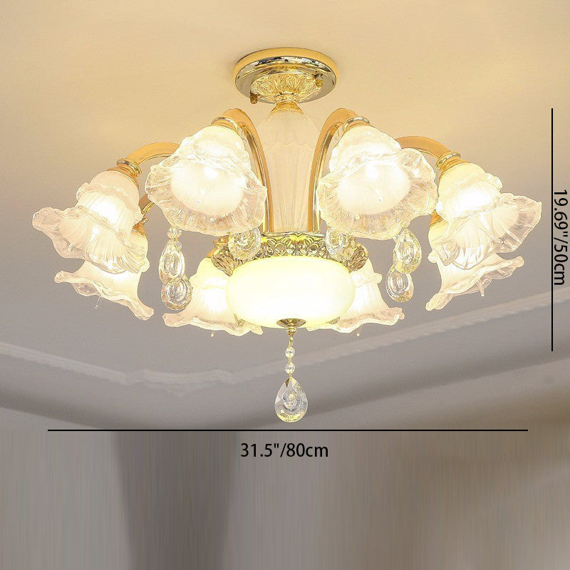 Traditioneller französischer Cremeblumen-Rundsäulen-Glas-Kristall-Zinklegierung 6/8/10/12/15 Licht Kronleuchter für Wohnzimmer 
