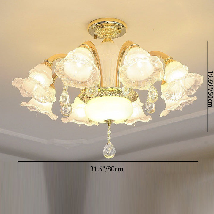 Traditioneller französischer Cremeblumen-Rundsäulen-Glas-Kristall-Zinklegierung 6/8/10/12/15 Licht Kronleuchter für Wohnzimmer 