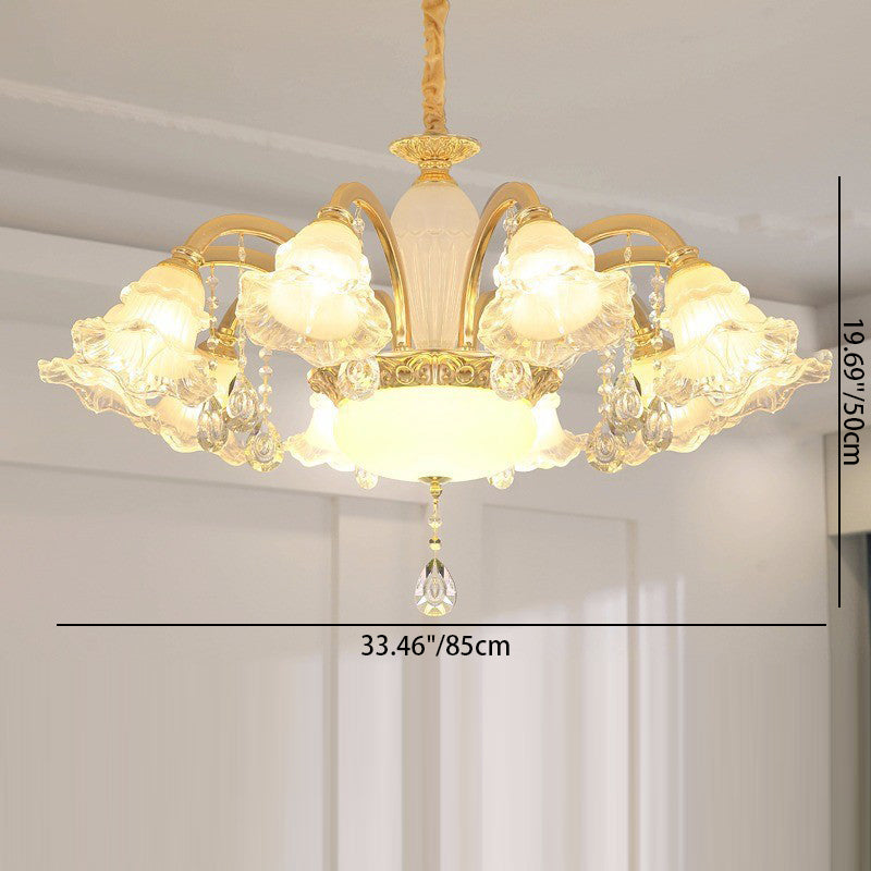 Traditioneller französischer Cremeblumen-Rundsäulen-Glas-Kristall-Zinklegierung 6/8/10/12/15 Licht Kronleuchter für Wohnzimmer 