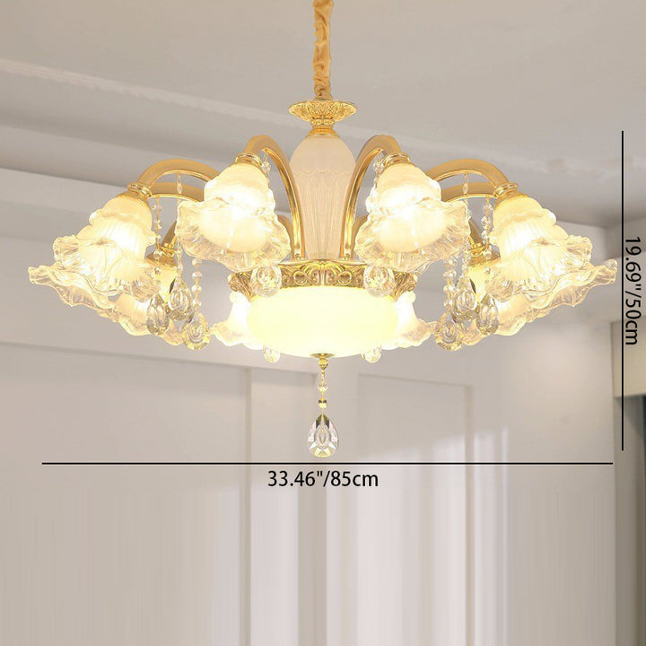 Traditioneller französischer Cremeblumen-Rundsäulen-Glas-Kristall-Zinklegierung 6/8/10/12/15 Licht Kronleuchter für Wohnzimmer 