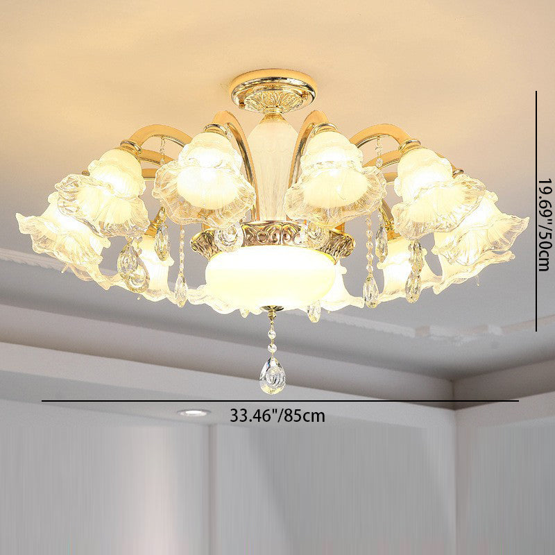 Traditioneller französischer Cremeblumen-Rundsäulen-Glas-Kristall-Zinklegierung 6/8/10/12/15 Licht Kronleuchter für Wohnzimmer 