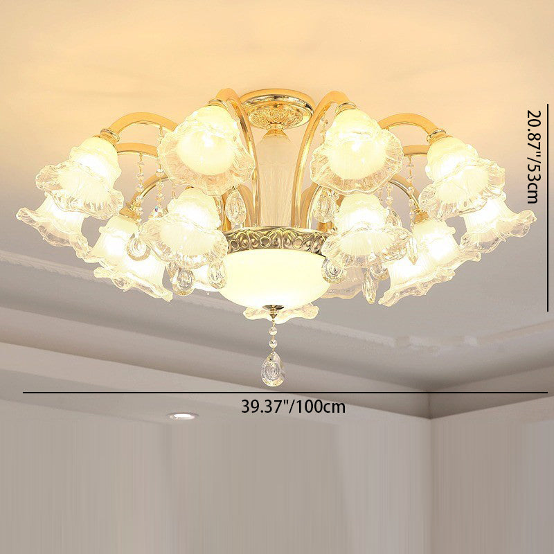 Traditioneller französischer Cremeblumen-Rundsäulen-Glas-Kristall-Zinklegierung 6/8/10/12/15 Licht Kronleuchter für Wohnzimmer 