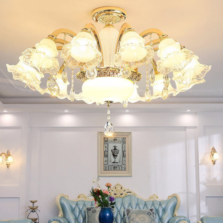 Traditioneller französischer Cremeblumen-Rundsäulen-Glas-Kristall-Zinklegierung 6/8/10/12/15 Licht Kronleuchter für Wohnzimmer 