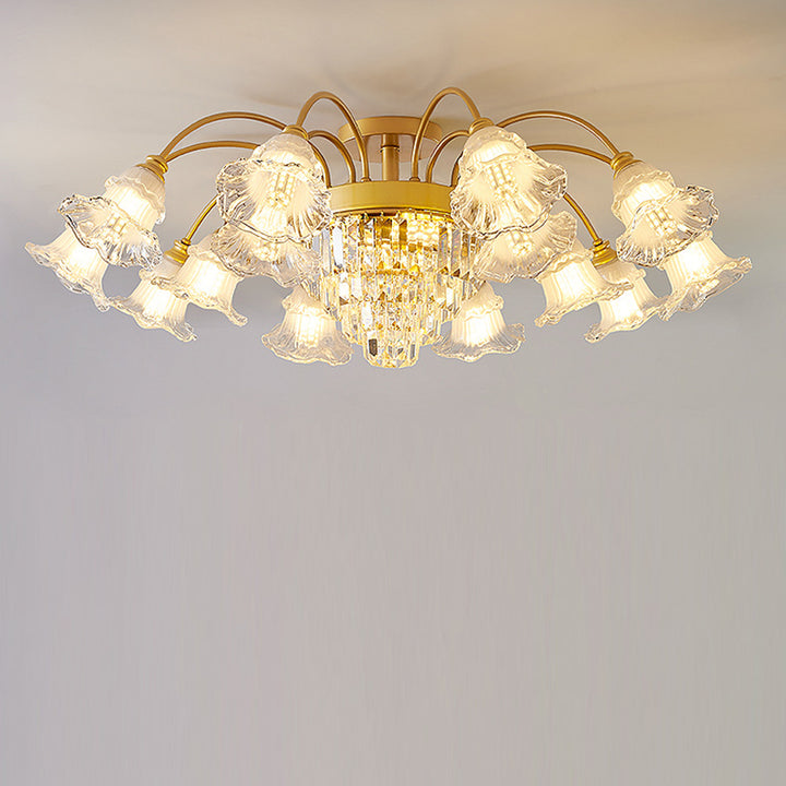 Modern Art Deco Flower Round Branch Crystal Glass Iron 3/6/8/10/12/15 Light Semi-Flush Mount Ceiling Light For Living Room