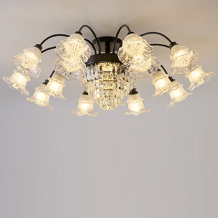 Modern Art Deco Flower Round Branch Crystal Glass Iron 3/6/8/10/12/15 Light Semi-Flush Mount Ceiling Light For Living Room