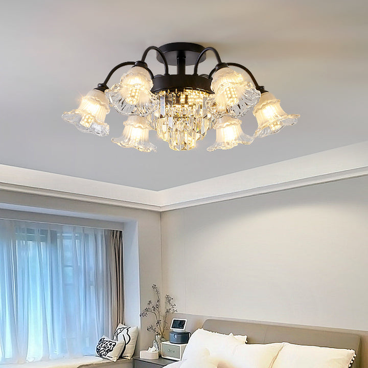 Modern Art Deco Flower Round Branch Crystal Glass Iron 3/6/8/10/12/15 Light Semi-Flush Mount Ceiling Light For Living Room