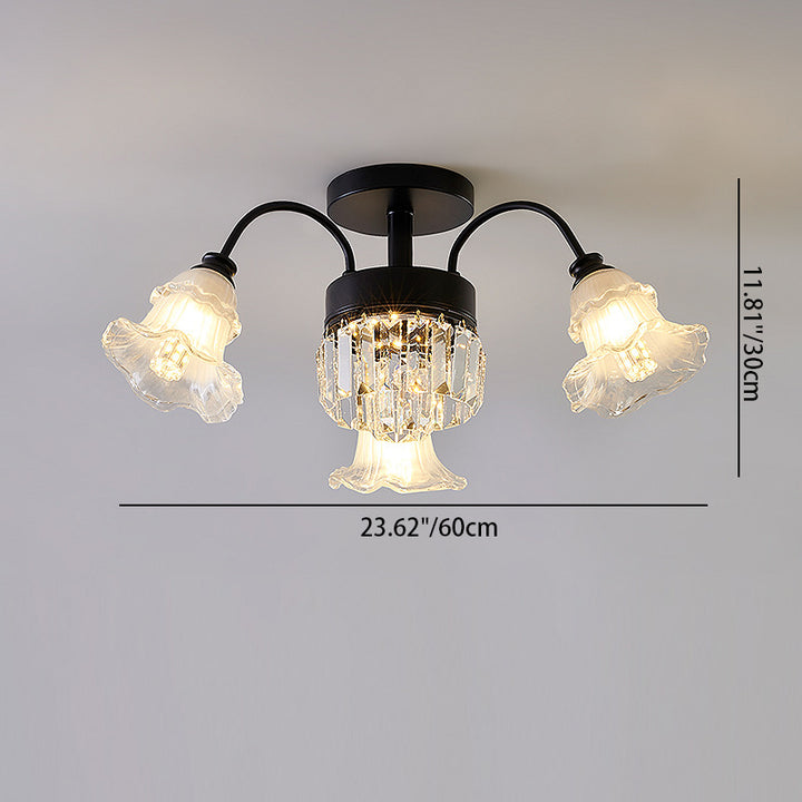 Modern Art Deco Flower Round Branch Crystal Glass Iron 3/6/8/10/12/15 Light Semi-Flush Mount Ceiling Light For Living Room