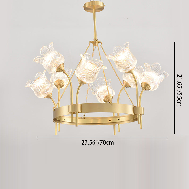 Lustre moderne de luxe rond à bandes florales en verre cuivre 8/10/12 lumières pour salon 