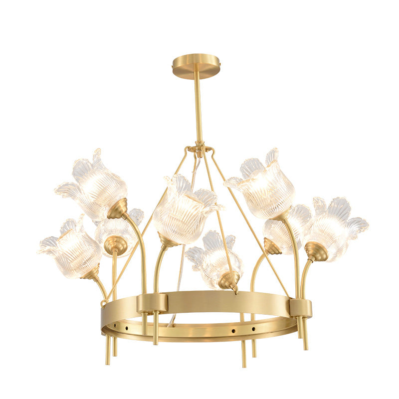 Lustre moderne de luxe rond à bandes florales en verre cuivre 8/10/12 lumières pour salon 
