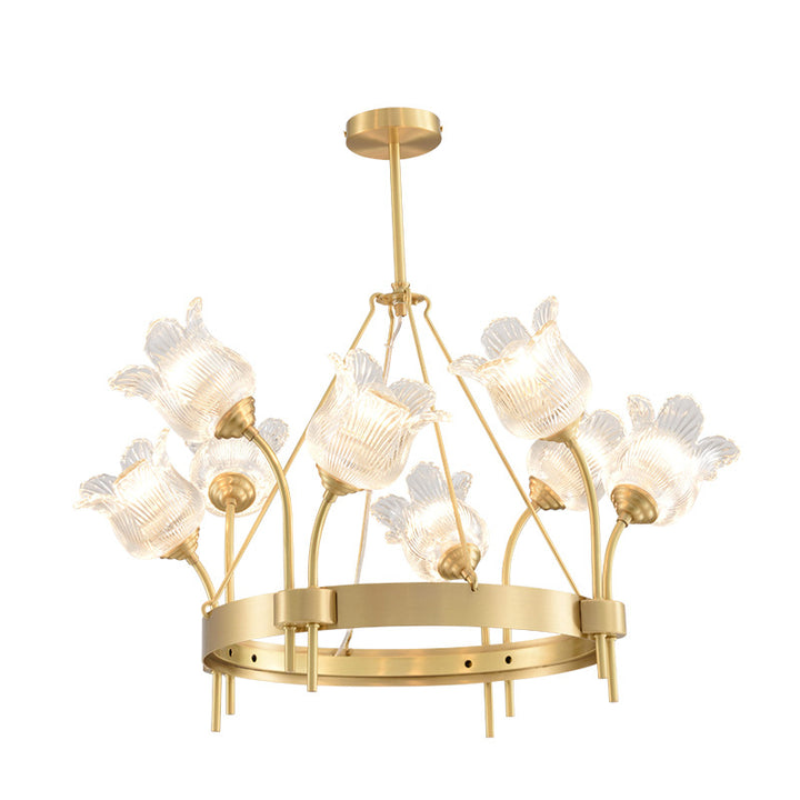 Lustre moderne de luxe rond à bandes florales en verre cuivre 8/10/12 lumières pour salon 