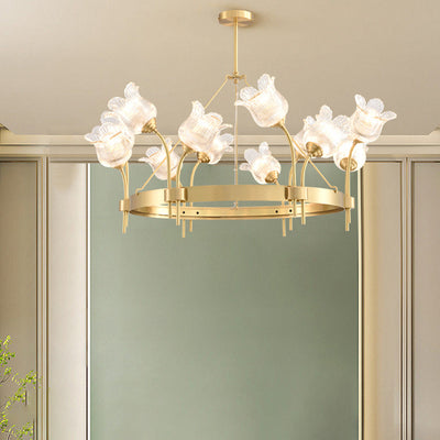 Modern Luxury Round Strip Floral Glass Copper 8/10/12 Light Chandelier For Living Room