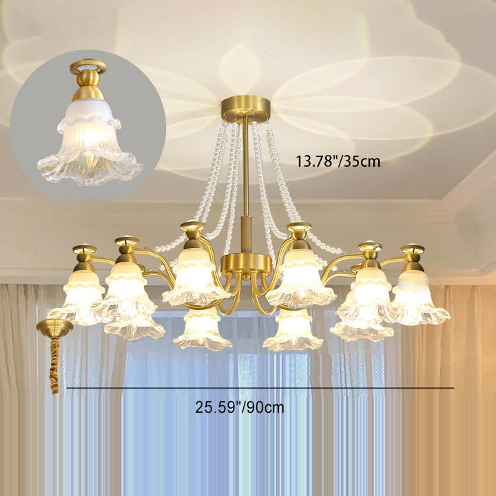 Lustre en laiton avec perles en verre et fleurs rondes de style traditionnel français à 6/8/10 lumières pour salon 