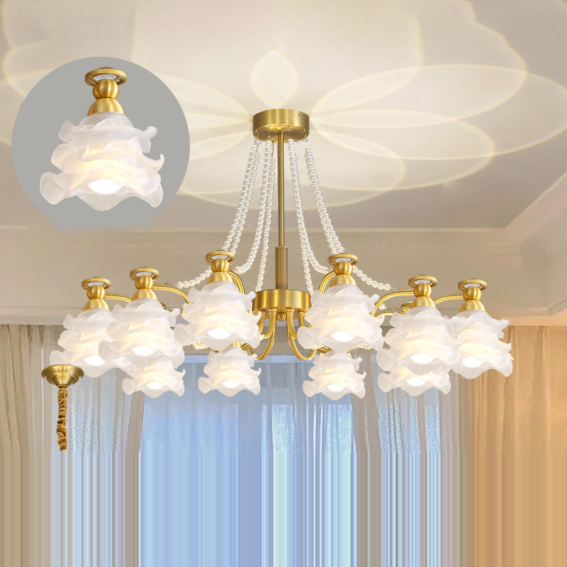 Lustre en laiton avec perles en verre et fleurs rondes de style traditionnel français à 6/8/10 lumières pour salon 