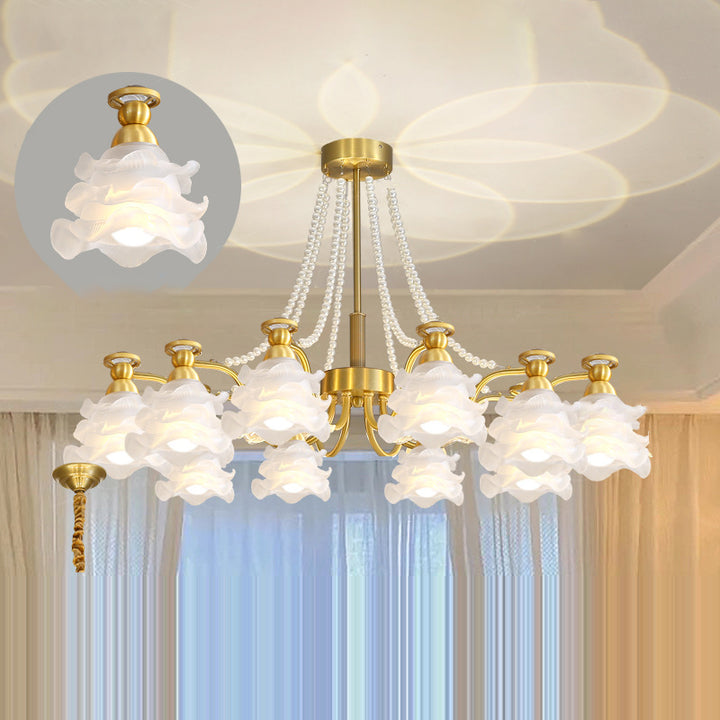 Lustre en laiton avec perles en verre et fleurs rondes de style traditionnel français à 6/8/10 lumières pour salon 